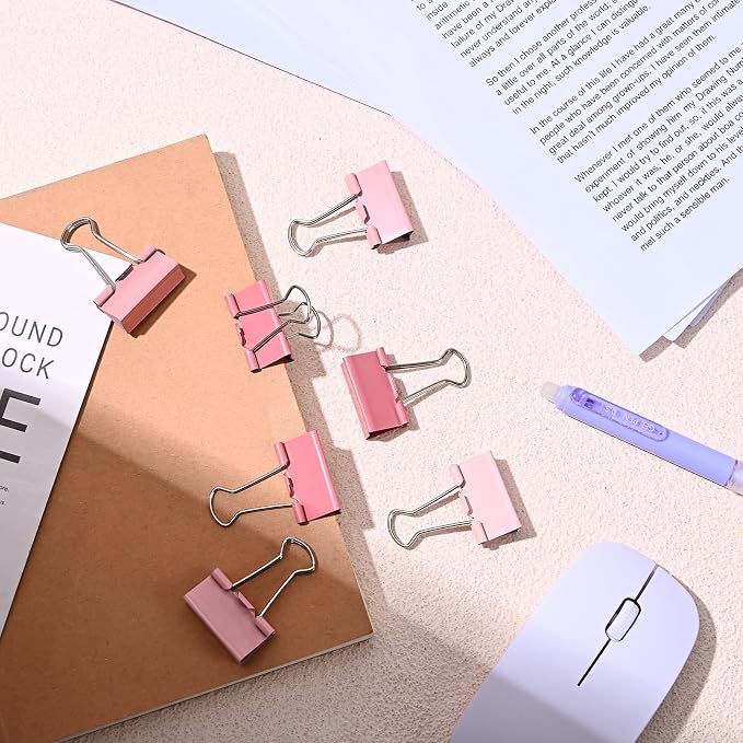 Temiary Aesthetic Binder Clips, Large Metal Binder Clip with Clear Storage Container, Binding Paperwork Clamps for School Teachers Office Supplies (Pink 1.6 Inch, 24P)