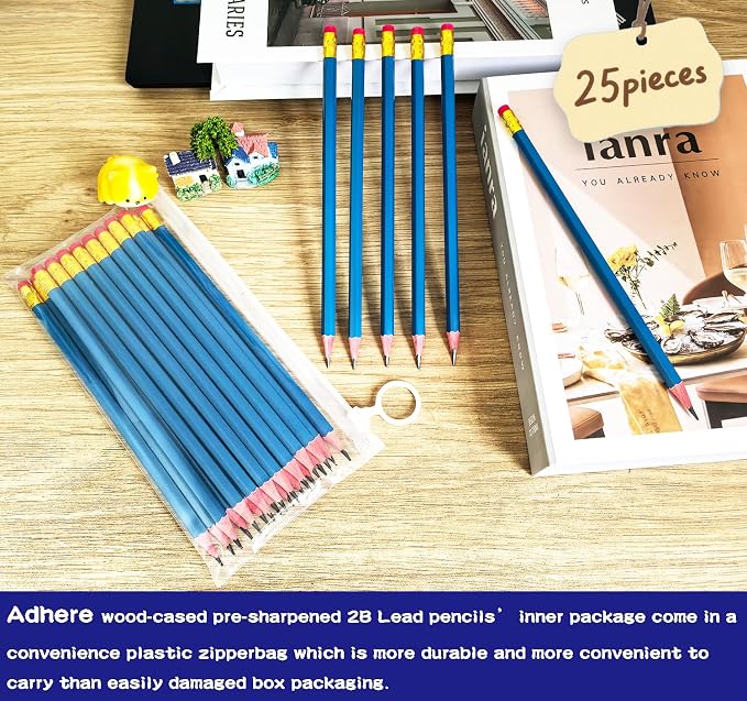 Adhere 25pcs Woodcase Pencils with Eraser Premium Pre-Sharpened Hexagon Graphite 2B pencils ideal for home, office writing including a Free Sharpener(Navy Blue・25pcs)