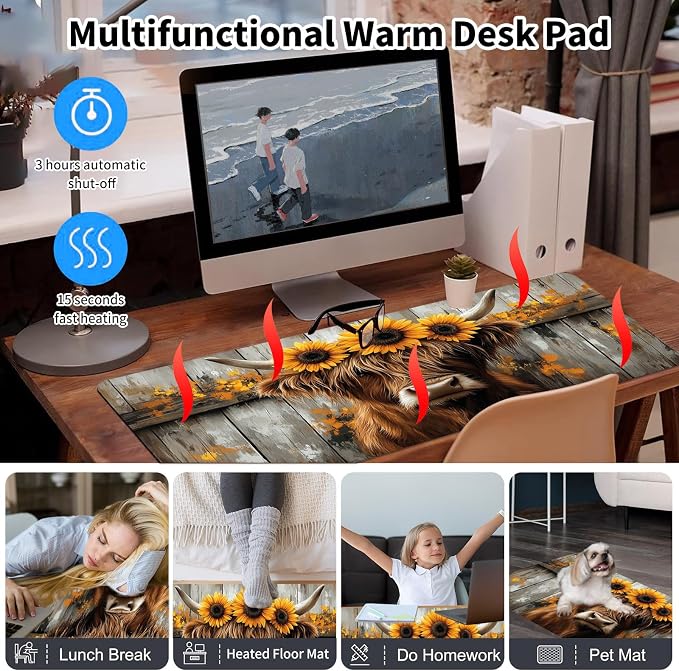 Warm Desk Pad,Heated Desk Pad,Office Mat,3 Heating Levels & 3 Hours Auto Shut-Off,31.5"*13" Gaming Mouse Laptop Keyboard Leather Desk Mat,Highland Cow Wood
