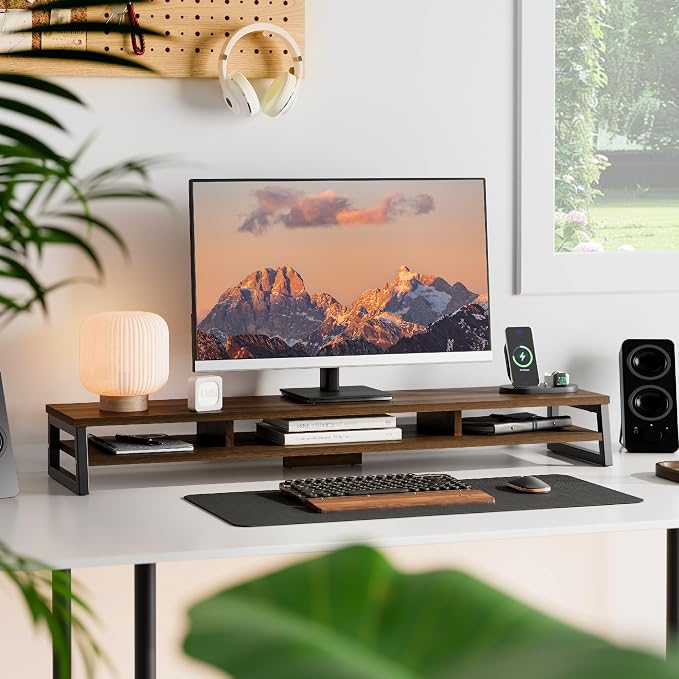 Fenge Dual Monitor Riser for Desk, Open Shelf with 3 Storage Compartments | 42.5in Computer Monitor Stand, 2-Tier Desk Shelf for Top of Desk,One-Piece Panel, fit Ultrawide Monitor, PC, Laptop, Brown
