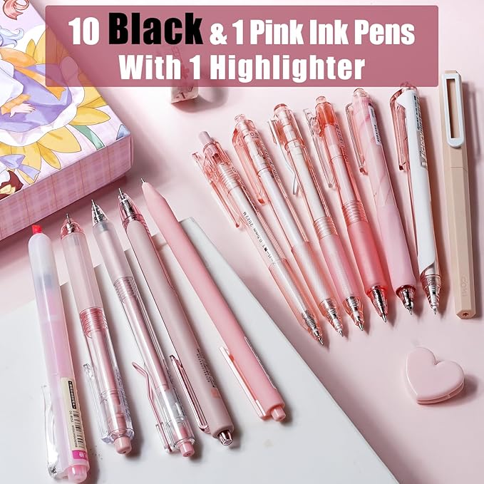 Four Candies Cute Pink Pens, Black Gel Ink, Rose - 12ct, 0.5mm Fine Point | Back to School Supplies, Nurse Essentials, Office Decor for Women, Girly Stationery Set, Aesthetic Desk Accessories