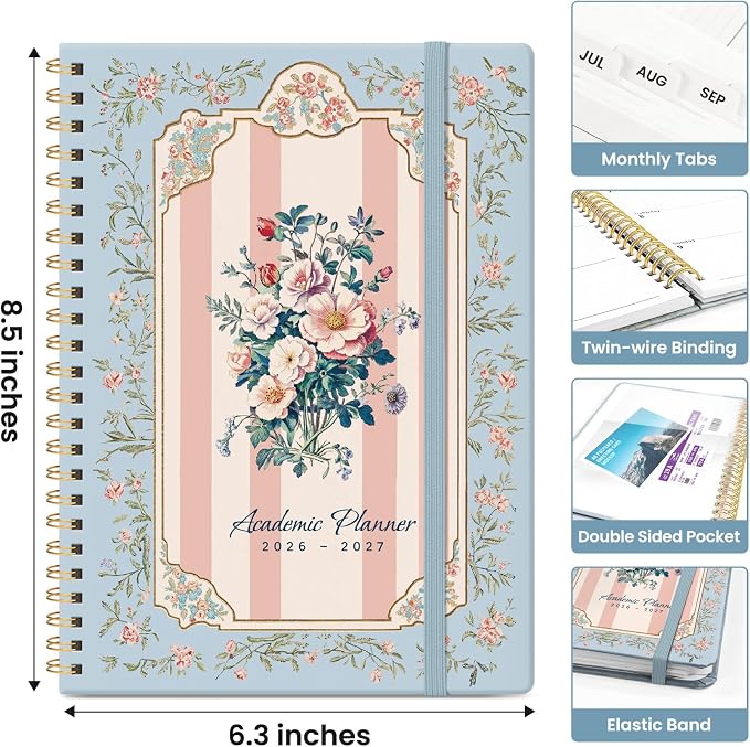 Planner 2026-2027, Academic Year Monthly and Weekly Calendar Planner, Jul 2026 - Jun 2027, Hardcover Teacher Student Planning Agenda book with Tabs, Perfect for School Office Supplies, 6.3" x 8.5" - Parisian Bouquet