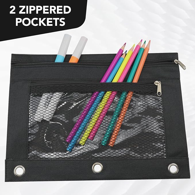 3 Ring Pencil Pouch for Binder, 2-Pocket Zipper Pencil Case with Clear Window & Mesh Pocket, 600D Oxford Fabric Binder Pouch for School Office Supplies, Fits Standard 3-Ring Binders, Black