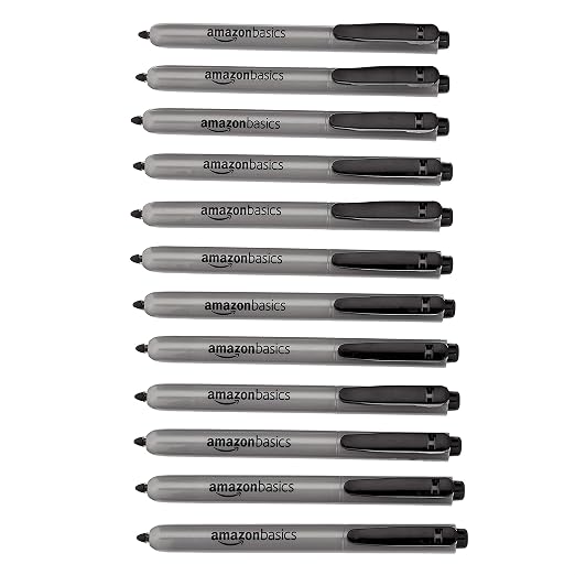 Amazon Basics Retractable Permanent Markers, Quick Drying Fade Resistant Ink, Versatile Art Supplies for Drawing, Black, 12 Count
