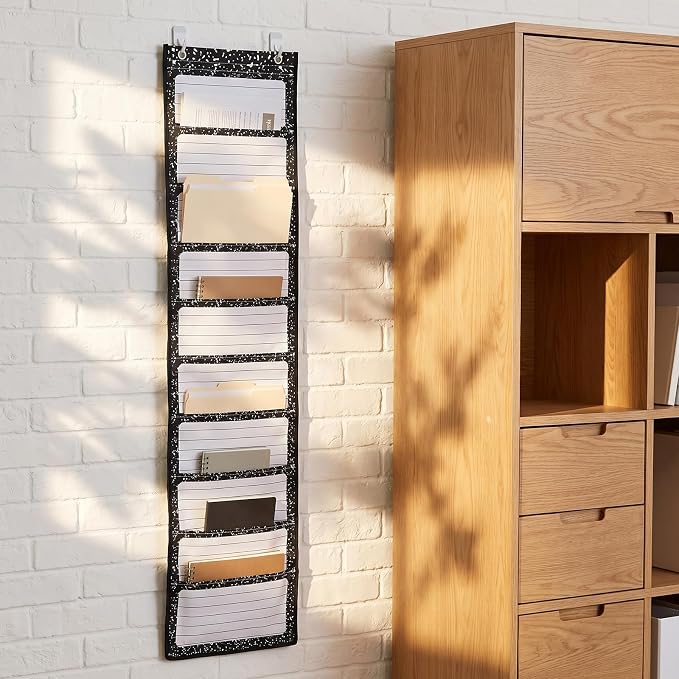MotiMind Black Spots 10 Pockets Wall Hanging File Folders File Storage Pocket Chart for Classroom Hanging Wall Organizer with 2 Over The Door Hangers, 58" x 14" for School Classroom Office Home