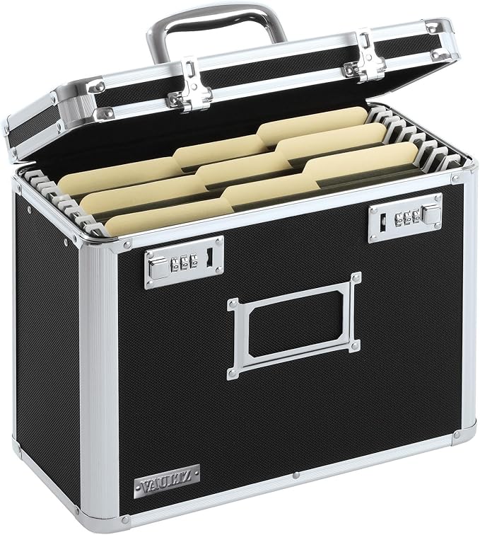Vaultz File Organizer Storage Box - 14 x 7 x 12.19 Inch Letter Size, Portable Locking Storage Totes with Dual Combination Locks for Filing Office Documents - Black | Locking storage tote with dual combination locks, keeps office documents secure and or...