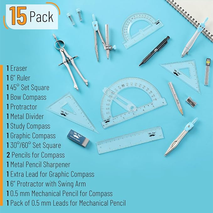 Mr. Pen- Geometry Set, 15 pcs, Light Blue, 6 Inch Swing Arm Protractor | Divider, Set Squares, Ruler, Compasses and Protractor
