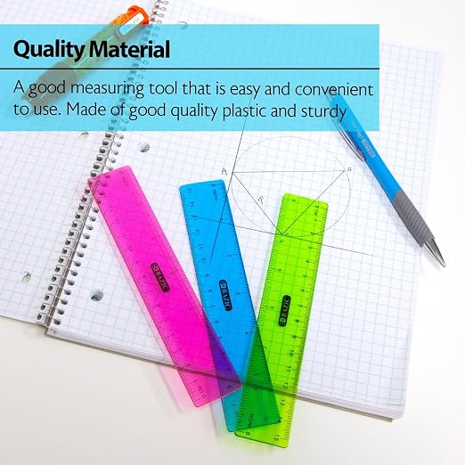 BAZIC Products 6 in Clear Plastic Ruler, Inch & Metric, 3 Pack, 2-Pack | Three transparent plastic rulers, 6 in (15 cm), beveled edge and clear inch and centimeter marks