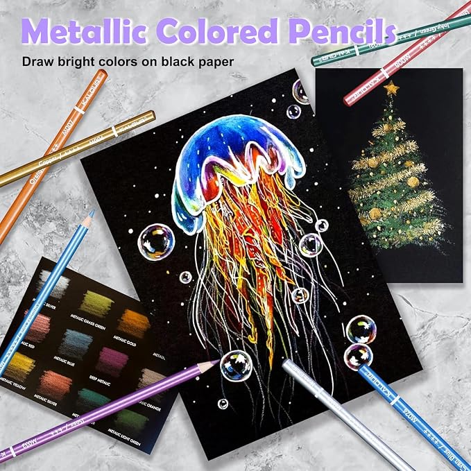 KALOUR PDAS 55 Piece Metallic Colored Pencils for Adults, Premium Artist Colored Pencils, Soft Core Coloring Pencils for Adult Coloring Books, Metallic Pencils Set for Drawing, Sketching, Blending