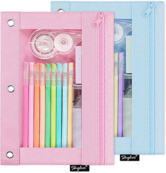 SKYDUE Binder Pencil Pouch – 3 Ring Pencil Pouch with Clear Window, Smooth Zipper Pencil Case for School Supplies, Large Capacity Pencil Pouches for 3 Ring Binder with Reinforced Grommets