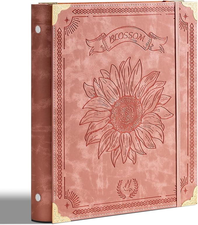 Ovesmusl Sunflower PU Leather 3 Ring Binder Fits 8.5"x11" Letter Size Paper, 2 Inch Round Ring Binder Holds 500 Sheets, Notepad Paper Cover Loose Leaf Organizer, Pink