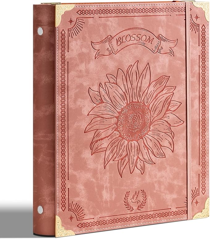 Ovesmusl Sunflower PU Leather 3 Ring Binder 1 Inch Round Ring Binder Holds 200 Sheets 8.5"x11" Letter Size Paper, Wedding Family History Notebook Cover Loose Leaf Organizer, Pink
