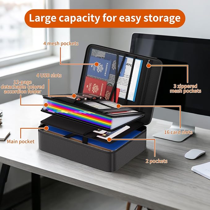 Tamfile Fireproof Document Box with Lock, Heat Insulated Safe Money Bag | Water-Resistant,8 Layers File Organizer,Home Travel Portable Safe Storage for Important Documents,Cash,Passports(Soft)