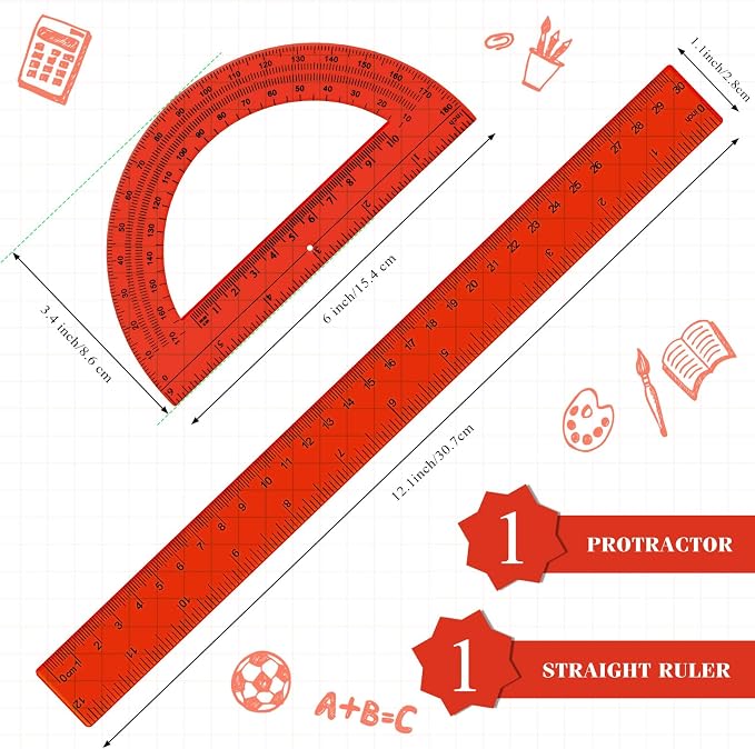 Zonon 2 Pcs 12 Inch Clear Ruler and 6 Inch Plastic Protractor Set, Dual Scale Inch/Cm Math Geometry Measuring Tools for Back to School Students Teachers Classroom Office Drafting Use(Red)