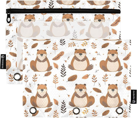 Cute Beaver Forest Animal Pencil Pouch for 3 Ring Binder 2 Pack Zipper Binder Pencil Bag Case with Clear Window Office School Supplies