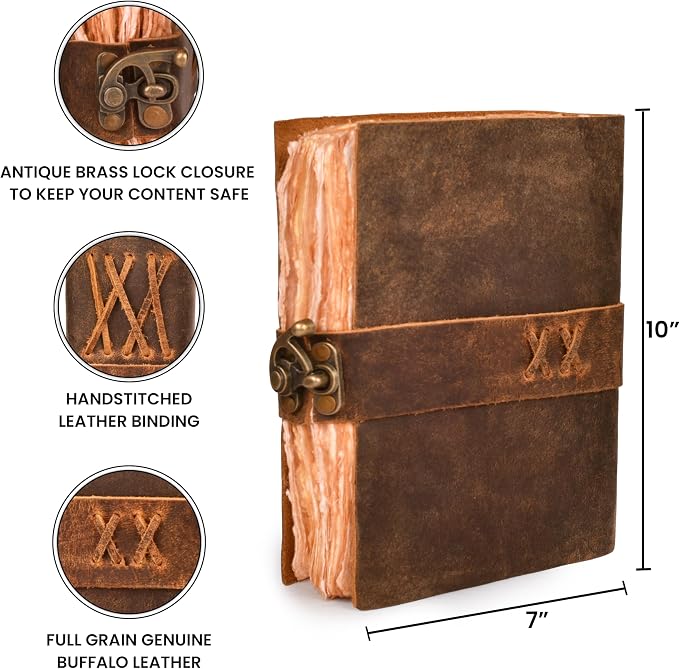 LEATHER VILLAGE Leather Bound Vintage Journal for Women & Men - Book of Shadows - Lock Closure - 200 Pages of Antique Deckle Edges Handmade Watercolor Paper - Rustic Brown - 10X7 inches
