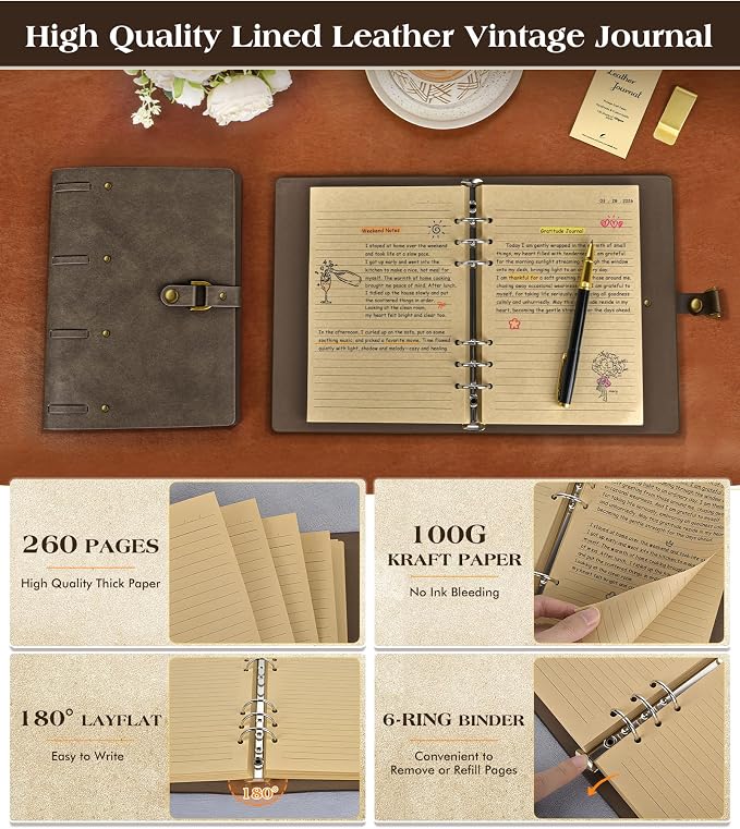 Leather Journal Notebook, A5 Size 6.9 x 9 inches 260 Pages Refillable Vintage Travel Notebook with Gift Box, 100 GSM Thick Lined Paper Journal Writing Diary Note Taking for Men and Women – Dark Brown