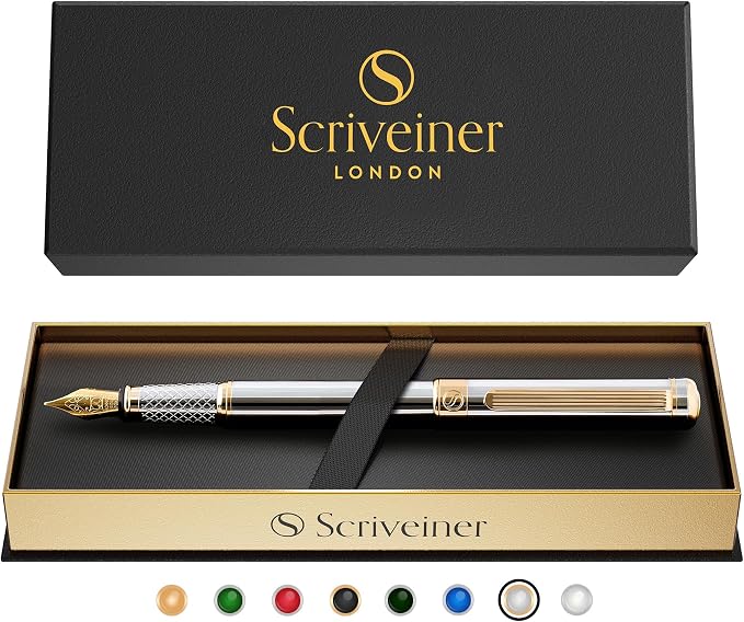Scriveiner Silver Chrome Fountain Pen - Stunning Luxury Pen, Real Gold Finish, Schmidt Gilded Nib (Broad), Best Gift Set for Men & Women, Professional, Executive Office, Nice Designer Pens