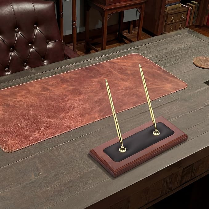 Fuyoooo Wood & Leather Double Pen Holder Desk Sets and Accessories Luxury Stand with Desk Pen for Guest Book Office Business Teacher Wedding Birthday Party Graduation