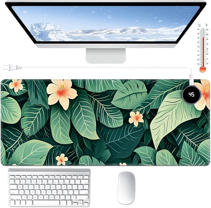 Heated Desk Pad Large Mouse Pad 31.5 x 13 inch with 3 Levels Heating & Auto Shut-Off Warm Mouse pad PU Leather Computer Mousepad for Home Office Work - Green Leaf Flowers