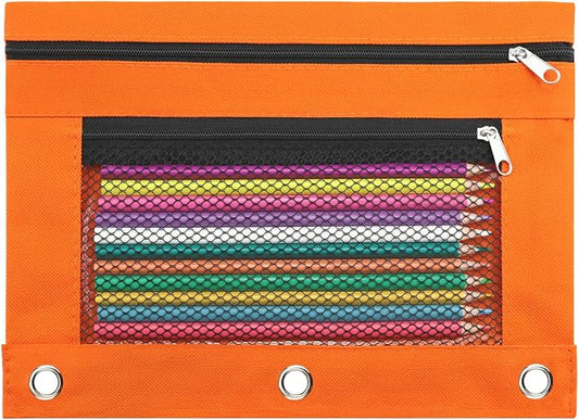 Pencil Pouch for 3 Ring Binder, Pencil Case Bag with Zipper, 600D Fabric Pencil Pouch Holder Accessories, Clear Window Pencil Case Aesthetic Back to School Organizer Pockets for Boy Girl (Orange)