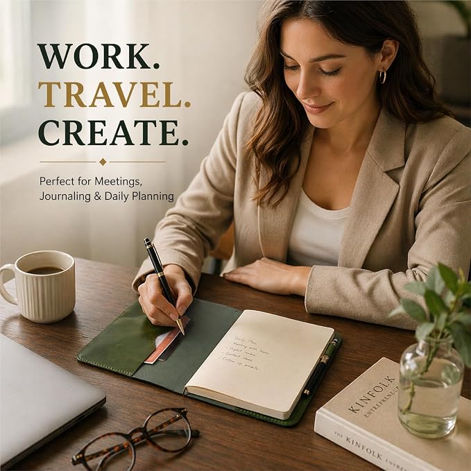Green Leather Journal Cover XL – Handmade Refillable Notebook Holder with Pen Loop, B5 Writing Organizer for Office, Travel & Professional Use 7.5 x 9.5