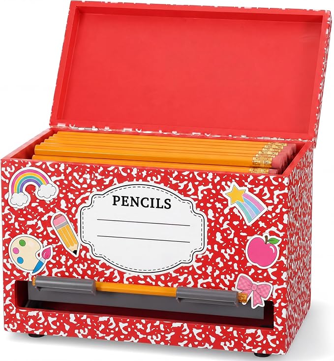 Yalikop 1 Pc Wooden Pencil Dispenser for Classroom Pastel Wood Pencils Holder for up to 200 Pencils Reusable Straw Dispenser for Home Office Teachers Supplies Storage (Notebook,Red)