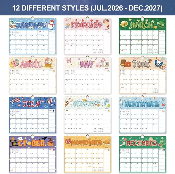 2027 Calendar - 18 Monthly Wall Calendar, July 2026 - December 2027, 8.5" x 11", Calendar 2027 with Twin-Wire Binding, Hanging Hook, Blocks and Julian Dates (Wall Calendar Festivals)