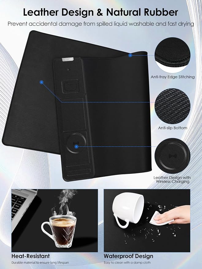 Wireless Charging Mouse Pad with Foldable Phone Holder, 15W Magnetic Fast Charging for iPhone Samsung, 31.5"x15.75" Large Desk Mat for Laptop/Keyboard, Waterproof Gaming Mousepad with Non-Slip Base