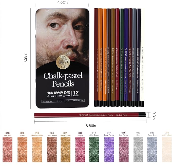 rubens Pastel Pencils, 12 Colors Soft Chalk Pastel Pencils Set for Artists, 4mm Core Chalk Colored Pencils in A Metal Tin, Blendable Chalks Pencils for Drawing, Sketching, Blending & Shading(Series B)