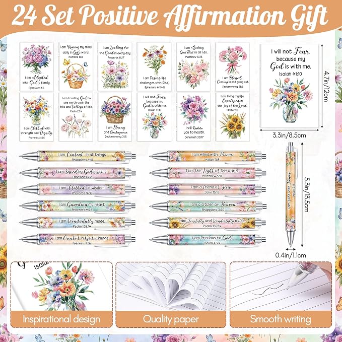 Mooliwe 48 Pcs Positive Affirmation Gift Set Gratitude Notebooks with Pens Small Bags Motivational Encouragement Notepads Daily Affirmations Journal for Women Stress Relief Self Care (Christian)