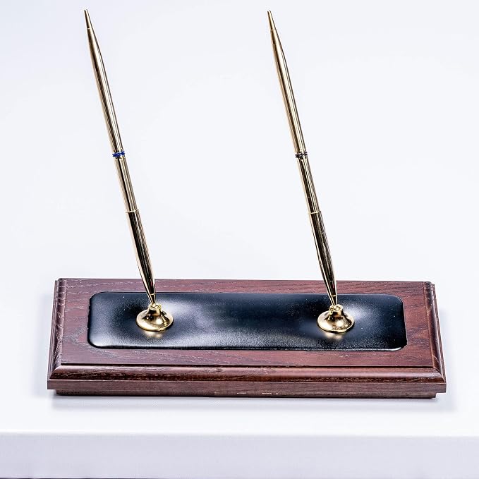 Dacasso Luxury Walnut & Black Leather Double Pen Stand with Rolling Ball Pen - Executive Desk Decor and Elegant Organizer