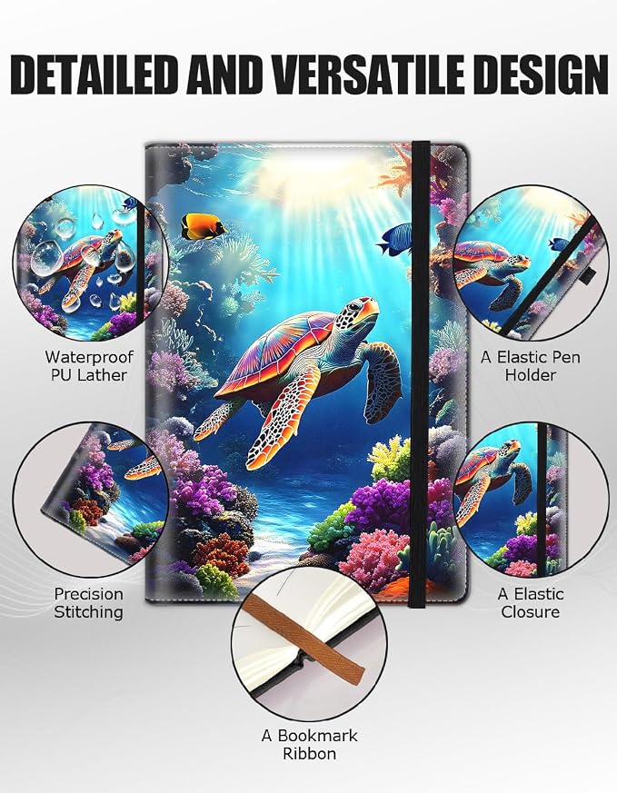 Hardcover Executive Notebooks, A5 PU Leather Lined Journal Notebook, 200 Pages Thick Paper Subject Notebooks for School,Work,Home Writing Business Notebook, Diary Book ， Sea Turtle Ocean