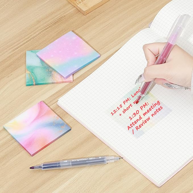 BAYTORY 200 Sheets Transparent Sticky Notes, Glitter Clear Sticky Note | 6Pcs Double-ended Colored Marker Pen, 3 x 3 Waterproof Self-Stick Notes, Easy to Post for Note Taking (Morandi)