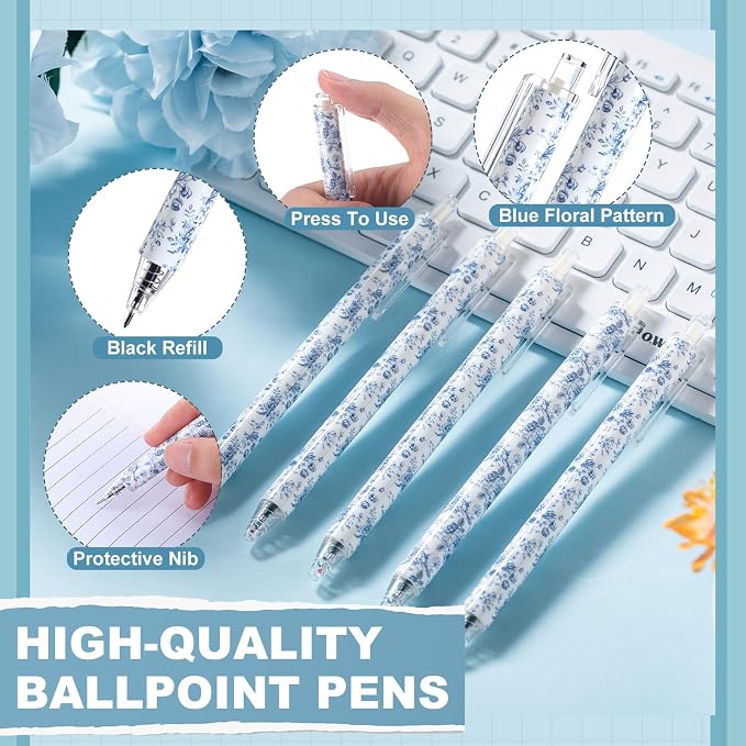 Engrowtic 24 Set Blue and White Floral Mini Notebooks and Ballpoint Pens Chinoiserie Vintage Pocket Notepads Gel Pens Small Journals for Bridal Wedding Baby Shower