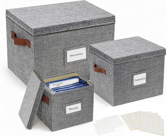 3-Pack Multi-Size Storage Containers for Office & Games, Grey | Office files & board games | Multi-size (L/M/S) | Faux leather handles & label windows | Includes labels & glue dots