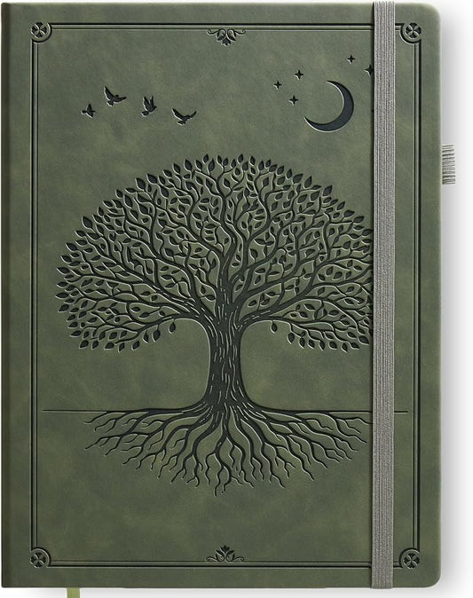 Lined Journal Notebook Hardcover Leather Bound 200 Pages A4 Green Diary | College Ruled 8.5x11" Journaling Notebooks for Men & Women, Writing for Personal, Large Travel Daily Note Book Tree of Life
