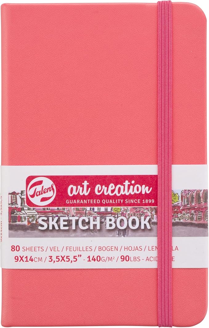 Talens Art Creation Sketchbook, Coral Red, 80 Sheets, 3.5 x 5.5 in | Hard-Bound Pocket Notebook, 140 GSM/94 lbs Paper, Acid-Free Cream Blank Paper, Ribbon Bookmark, and Elastic Closure