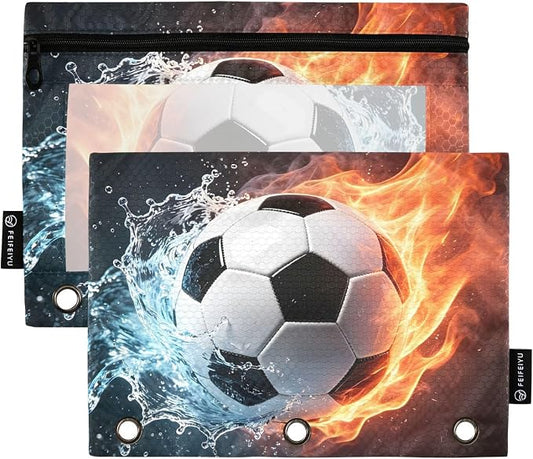 ALAZA Pencil Pouch for 3 Ring Binder, Fire Soccer Binder Pencil Pouches with Clear Window Zipper Pencil Case Cosmetic Bags for Office College Supplies, 2PCS