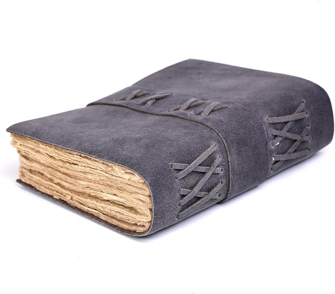 Leather Bound Vintage Journal for Women & Men – Book of Shadows – Lock Closure – 200 Pages of Antique Deckle Edges Handmade Paper (Ash Grey, 7 x 5 inches)
