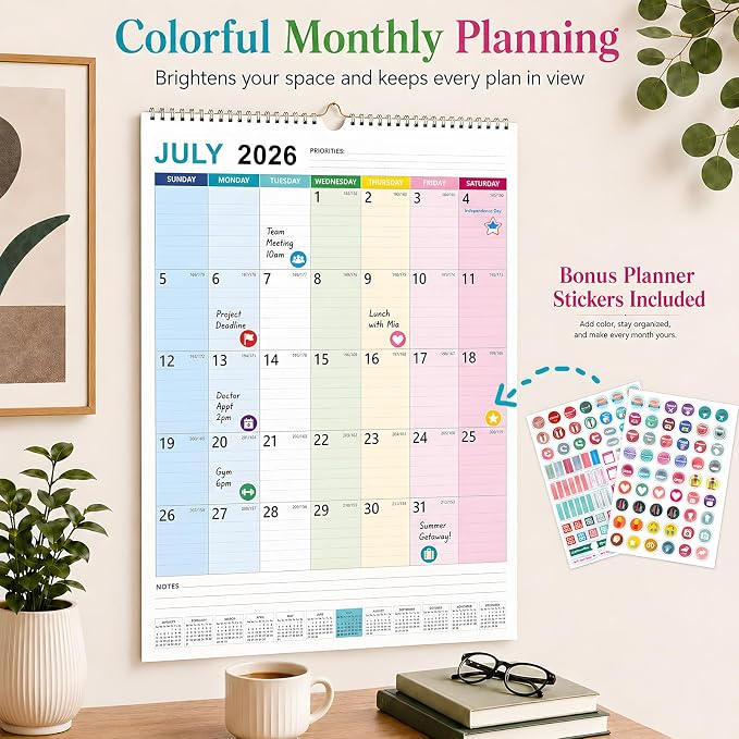 Large Wall Calendar 2026-2027, 18 Month Vertical Wall Calendar Jul 2026 – Dec 2027, 15" x 22" with Thick Paper & Large Blocks for Home Office Colorful
