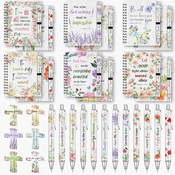 36 Pcs Christian Bulk Gifts for Women: Floral Small Journal Religious Gift | 12 Bible Verse Spiral Notebooks, 12 Scripture Pens, 12 Magnetic Bookmarks, Prayer Journal for Coworkers Teachers Students Men
