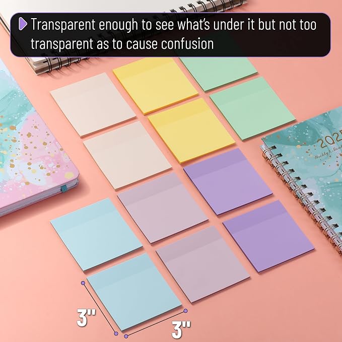 Mr. Pen- Transparent Sticky Notes, 3" x 3", 12 Pads, 600 Sheets | See Through Self-Adhesive Notes for Bible Journaling and Studying, Water-Resistant, Easy to Peel, Clean Removal