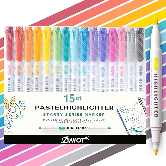 15 Count Dual-Tip Highlighters, Pastel Colors Fine & Bold Tip, Quick-Dry Non-Bleeding Highlighter Markers for Bible Journaling,School,Office,Notes (15 colors highlighters - Starry Sky Color)