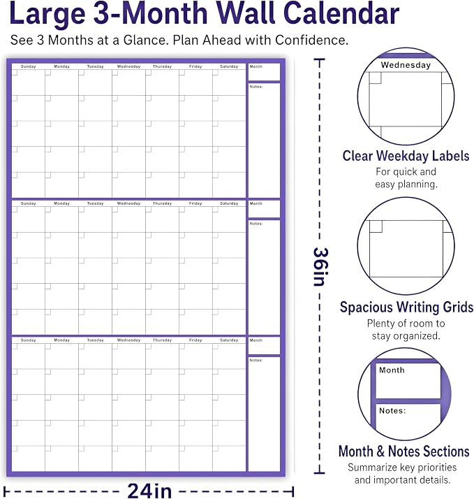Dry Erase Calendar for Wall 24x36in Undated 3 Month Celendar with 4 Markers | Purple Layout Reusable PET Erasable Surface, Large 3-Month View, Easy to Write and Wipe Clean