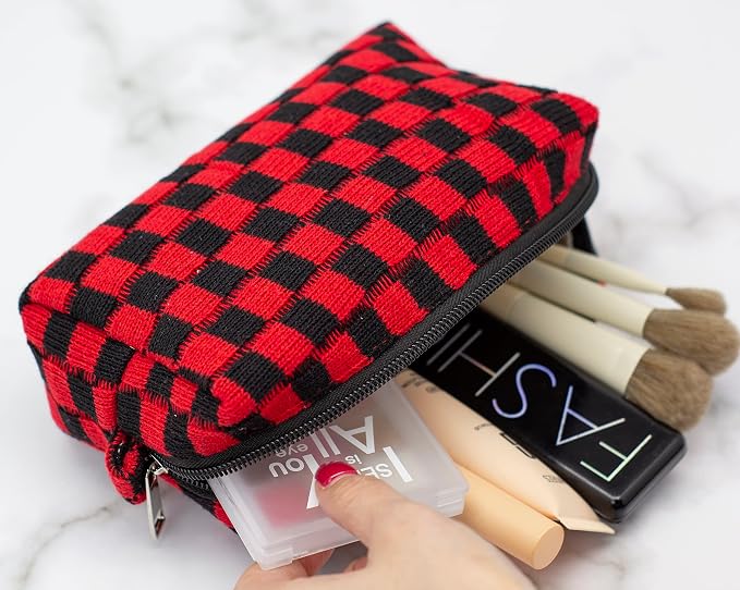 Checkered Makeup Bag for Purse, Small Travel Cosmetic Pouch,Red Black | Cute Zipper Makeup Organizer for Women, Travel Essentials, Toiletries, Makeup Brushes, Beauty Accessories&Bridesmaid Gifts