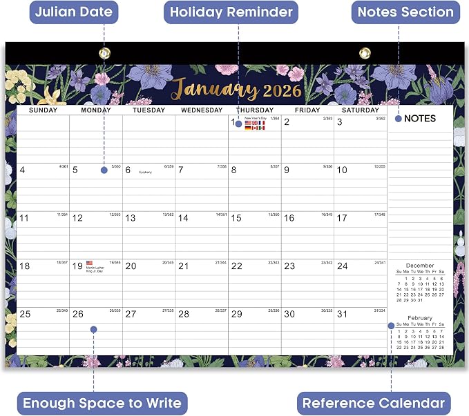 Desk Calendar 2026-2027, 18-Month Calendar, Large 17" x 12" Monthly Desktop & Wall Calendar for Home & Office - Midnight Garden