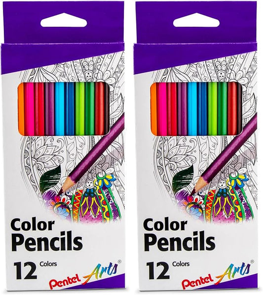 Pentel Arts Colored Pencils, Assorted Colors, (CB8-12), 12 Count, (Pack of 2)