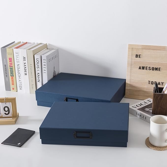 Soul & Lane - Legal Size Document Storage Boxes with Lids, Set of 2, Blue | A3 Decorative Boxes for Art, Scrapbooks and Papers with Metal Label Holders, Cardboard Photo Keepsake Storage for Memories