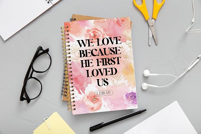 Ecezatik Watercolor Floral Christian Notebook Journal, We Love Because He First Loved Us Bible Verse Notebook for Note Taking, Religious Scripture Spiral Journal 5.5x8.3 Inch